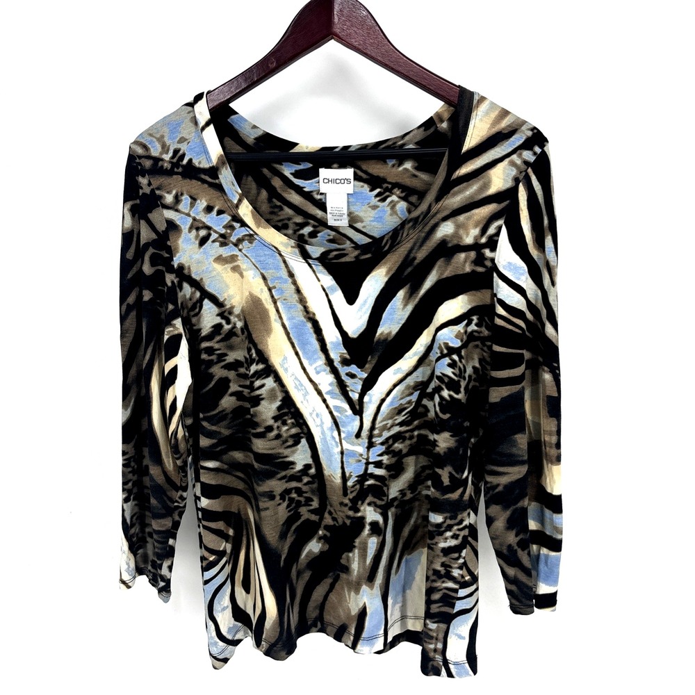 Chicos Women Mixed Animal Print Leopard Zebra 3/4 Sleeve Scoop Neck Top Size 2